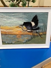 Fabulous three D felted picture,  the wing of the heron comes out from the body of the bird